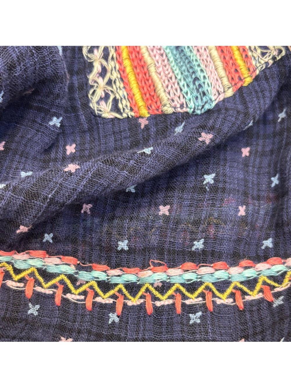 Free People “Talia” Embroidered Top in Navy/Multicolor, Boho Peasant Bell Sleeve - Picture 11 of 14